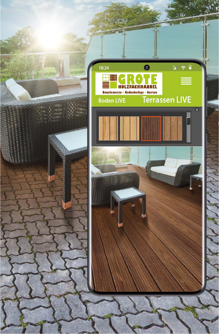 Simulation der eigenen Terrasse mit einem neuen Terrassenbelage, wie Holzdielen oder WPC Dielen