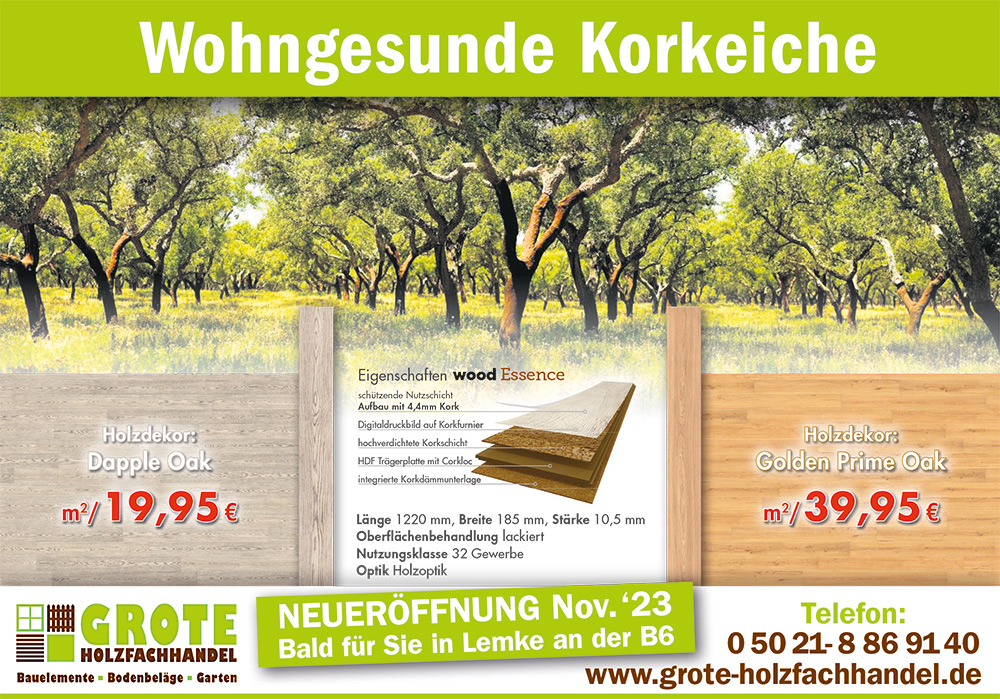 Wohngesunde Korkeiche - natürlich von Grote Holzfachhandel in Nienburg grote_anzeige_mai23.jpg